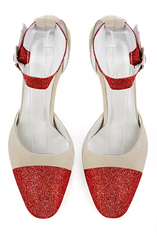 Scarlet red and champagne white women's open side shoes, with a strap around the ankle. Round toe. High kitten heels. Top view - Florence KOOIJMAN
